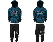 Load image into Gallery viewer, King and Queen matching top and bottom set, Silver Glitter design tie dye hoodie and jogger pants set for mens, tie dye hoodie and jogger set womens. Matching couple joggers.
