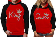 Load image into Gallery viewer, King and Queen raglan hoodies, Matching couple hoodies, Silver Glitter King Queen design on man and woman hoodies
