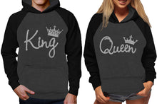 Görseli Galeri görüntüleyiciye yükleyin, King and Queen raglan hoodies, Matching couple hoodies, Silver Glitter King Queen design on man and woman hoodies
