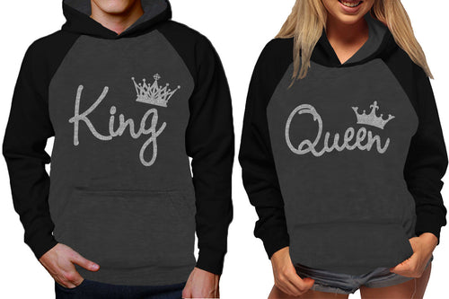 King and Queen raglan hoodies, Matching couple hoodies, Silver Glitter King Queen design on man and woman hoodies