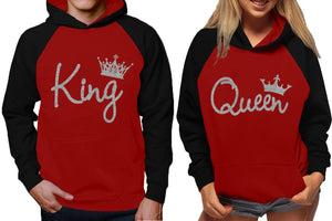 King and Queen raglan hoodies, Matching couple hoodies, Silver Glitter King Queen design on man and woman hoodies