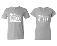 Load image into Gallery viewer, Her King and His Queen matching couple v-neck shirts.Couple shirts, Sports Grey v neck t shirts for men, v neck t shirts women. Couple matching shirts.
