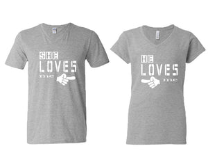 She Loves Me and He Loves Me matching couple v-neck shirts.Couple shirts, Sports Grey v neck t shirts for men, v neck t shirts women. Couple matching shirts.