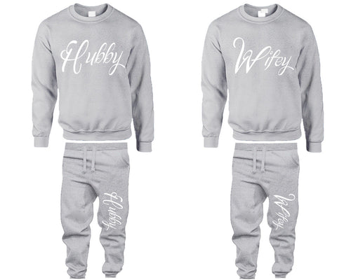 Hubby and Wifey top and bottom sets. Sports Grey sweatshirt and sweatpants set for men, sweater and jogger pants for women.