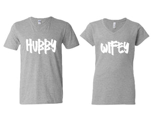 Hubby and Wifey matching couple v-neck shirts.Couple shirts, Sports Grey v neck t shirts for men, v neck t shirts women. Couple matching shirts.