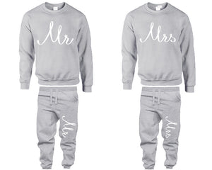 Mr and Mrs top and bottom sets. Sports Grey sweatshirt and sweatpants set for men, sweater and jogger pants for women.