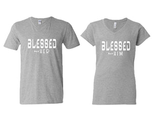 Blessed for Her and Blessed for Him matching couple v-neck shirts.Couple shirts, Sports Grey v neck t shirts for men, v neck t shirts women. Couple matching shirts.