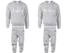 Load image into Gallery viewer, Hubby and Wifey top and bottom sets. Sports Grey sweatshirt and sweatpants set for men, sweater and jogger pants for women.
