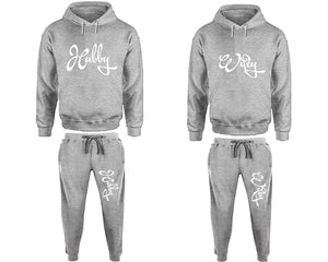 Hubby and Wifey matching top and bottom set, Sports Grey pullover hoodie and sweatpants sets for mens, pullover hoodie and jogger set womens. Matching couple joggers.