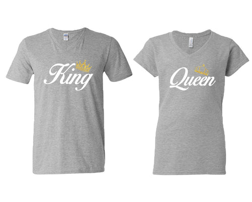 King and Queen matching couple v-neck shirts.Couple shirts, Sports Grey v neck t shirts for men, v neck t shirts women. Couple matching shirts.