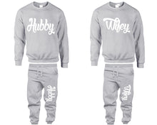 Charger l&#39;image dans la galerie, Hubby and Wifey top and bottom sets. Sports Grey sweatshirt and sweatpants set for men, sweater and jogger pants for women.
