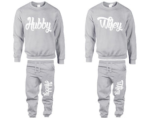 Hubby and Wifey top and bottom sets. Sports Grey sweatshirt and sweatpants set for men, sweater and jogger pants for women.
