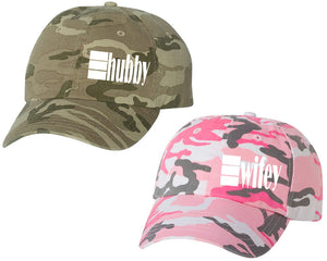 Hubby and Wifey matching caps for couples, Pink Camo Woman (Tan Camo Man) baseball caps.