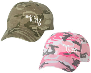 Her King and His Queen matching caps for couples, Pink Camo Woman (Tan Camo Man) baseball caps.