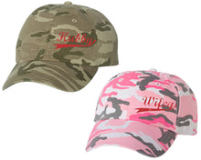 Load image into Gallery viewer, Hubby and Wifey matching caps for couples, Tan Camo Man Pink Camo Woman baseball caps.Red Glitter color Vinyl Design
