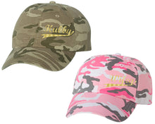 Load image into Gallery viewer, Hubby and Wifey matching caps for couples, Tan Camo Man Pink Camo Woman baseball caps.Gold Foil color Vinyl Design
