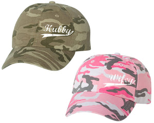 Hubby and Wifey matching caps for couples, Tan Camo Man Pink Camo Woman baseball caps.White color Vinyl Design