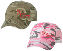 Load image into Gallery viewer, Prince and Princess matching caps for couples, Tan Camo Man Pink Camo Woman baseball caps.Red Glitter color Vinyl Design
