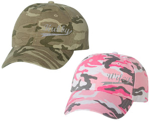Hubby and Wifey matching caps for couples, Tan Camo Man Pink Camo Woman baseball caps.Silver Glitter color Vinyl Design