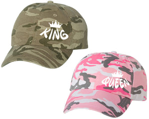 King and Queen matching caps for couples, Pink Camo Woman (Tan Camo Man) baseball caps.