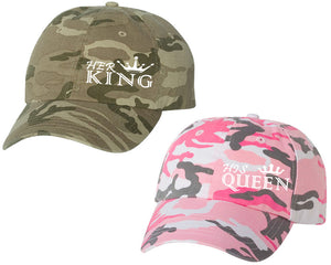 Her King and His Queen matching caps for couples, Pink Camo Woman (Tan Camo Man) baseball caps.