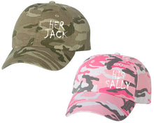 Load image into Gallery viewer, Her Jack and His Sally matching caps for couples, Tan Camo Man Pink Camo Woman baseball caps.
