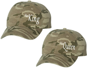 Her King and His Queen matching caps for couples, Tan Camo baseball caps.