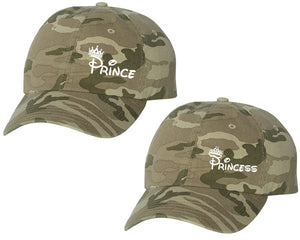 Prince and Princess matching caps for couples, Tan Camo baseball caps.White color Vinyl Design