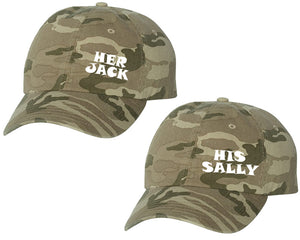 Her Jack and His Sally matching caps for couples, Tan Camo baseball caps.