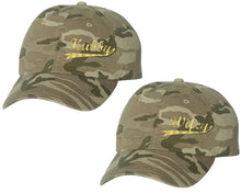 Load image into Gallery viewer, Hubby and Wifey matching caps for couples, Tan Camo baseball caps.Gold Foil color Vinyl Design
