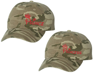 Prince and Princess matching caps for couples, Tan Camo baseball caps.Red Glitter color Vinyl Design
