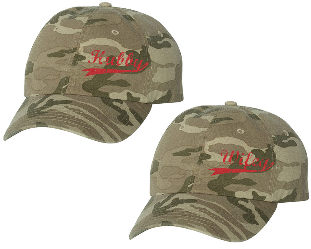 Hubby and Wifey matching caps for couples, Tan Camo baseball caps.Red Glitter color Vinyl Design