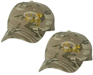 King and Queen matching caps for couples, Tan Camo baseball caps.Gold Foil color Vinyl Design