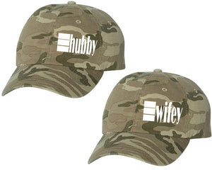 Hubby and Wifey matching caps for couples, Tan Camo baseball caps.