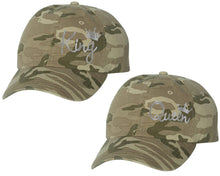 Load image into Gallery viewer, King and Queen matching caps for couples, Tan Camo baseball caps.Silver Foil color Vinyl Design
