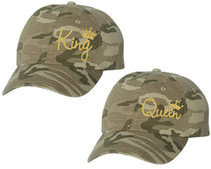 King and Queen matching caps for couples, Tan Camo baseball caps.Gold Glitter color Vinyl Design