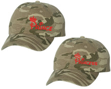 Load image into Gallery viewer, Prince and Princess matching caps for couples, Tan Camo baseball caps.Red color Vinyl Design
