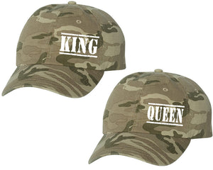 King and Queen matching caps for couples, Tan Camo baseball caps.