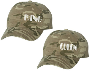 King and Queen matching caps for couples, Tan Camo baseball caps.