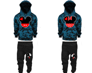 Mickey and Minnie matching top and bottom set, Teal Cloud design tie dye hoodie and jogger pants set for mens, tie dye hoodie and jogger set womens. Matching couple joggers.