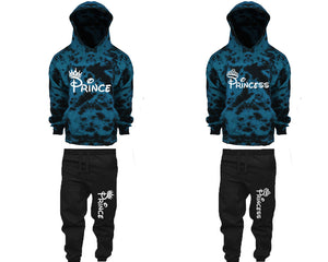 Prince and Princess matching top and bottom set, Teal Cloud design tie dye hoodie and jogger pants set for mens, tie dye hoodie and jogger set womens. Matching couple joggers.