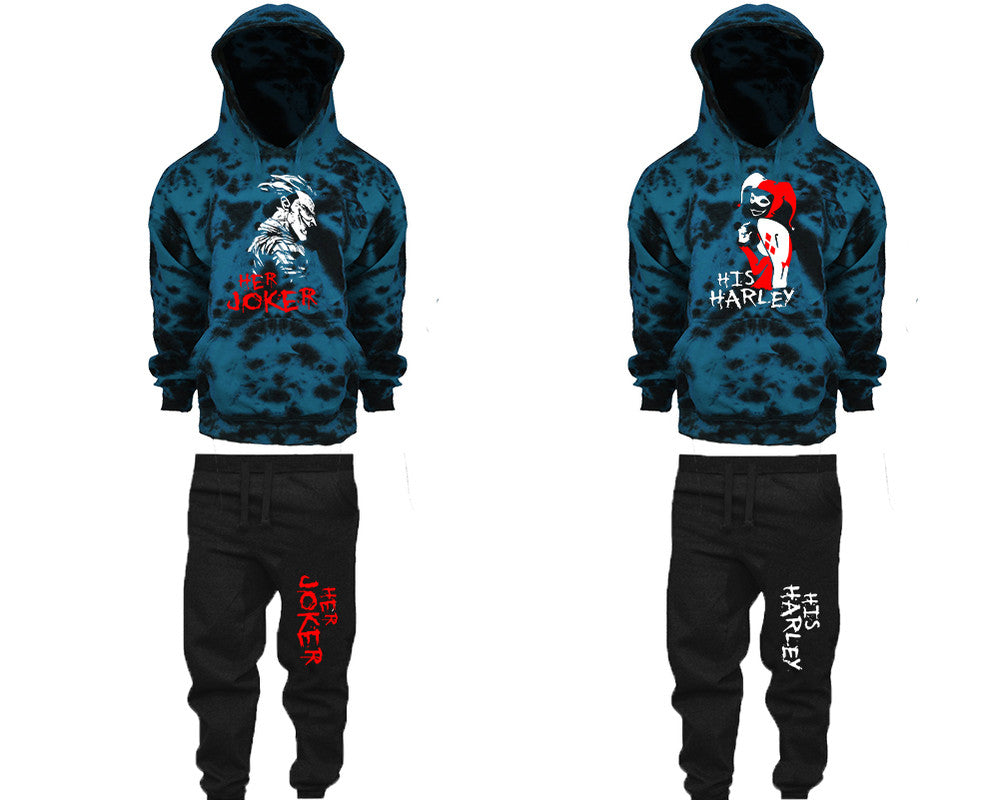 Her Joker and His Harley matching top and bottom set, Teal Cloud design tie dye hoodie and jogger pants set for mens, tie dye hoodie and jogger set womens. Matching couple joggers.
