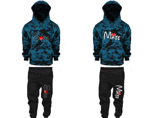 Soul and Mate matching top and bottom set, Teal Cloud design tie dye hoodie and jogger pants set for mens, tie dye hoodie and jogger set womens. Matching couple joggers.