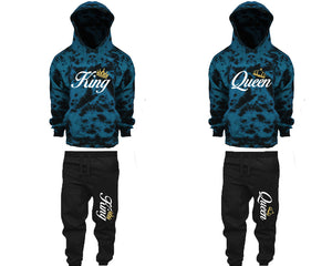 King and Queen matching top and bottom set, Teal Cloud design tie dye hoodie and jogger pants set for mens, tie dye hoodie and jogger set womens. Matching couple joggers.