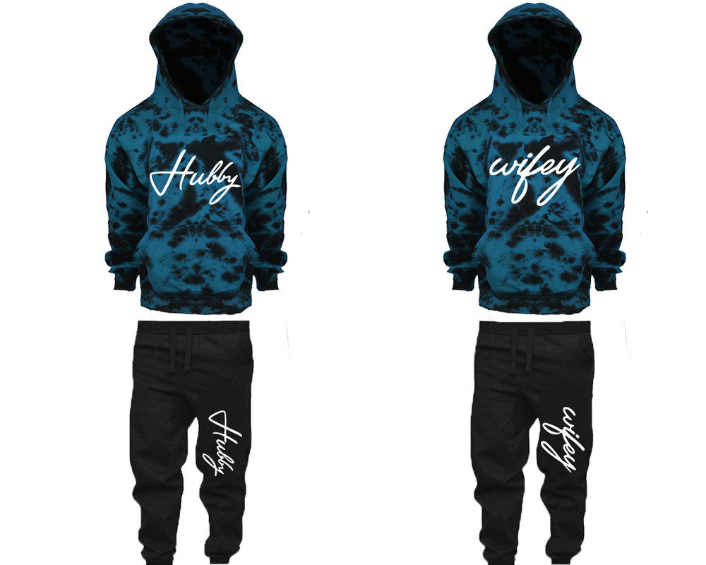 Hubby and Wifey matching top and bottom set, Teal Cloud design tie dye hoodie and jogger pants set for mens, tie dye hoodie and jogger set womens. Matching couple joggers.