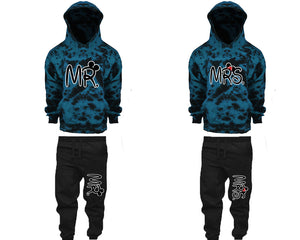 Mr and Mrs matching top and bottom set, Teal Cloud design tie dye hoodie and jogger pants set for mens, tie dye hoodie and jogger set womens. Matching couple joggers.