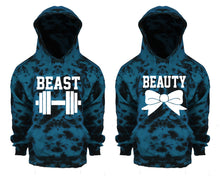 Görseli Galeri görüntüleyiciye yükleyin, Beast and Beauty Tie Die couple hoodies, Matching couple hoodies, Teal Cloud tie dye hoodies.
