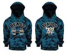 Load image into Gallery viewer, Beast and Beauty Tie Die couple hoodies, Matching couple hoodies, Teal Cloud tie dye hoodies.
