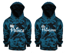 Cargar imagen en el visor de la galería, Prince and Princess Tie Die couple hoodies, Matching couple hoodies, Teal Cloud tie dye hoodies.

