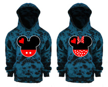 Görseli Galeri görüntüleyiciye yükleyin, Mickey and Minnie Tie Die couple hoodies, Matching couple hoodies, Teal Cloud tie dye hoodies.
